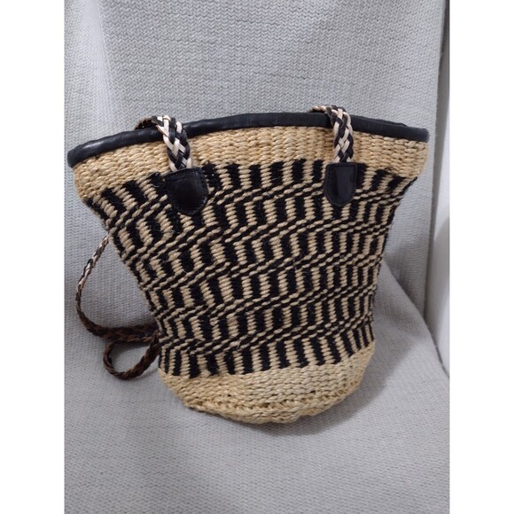 PATRICIA NASH MAYA Woven Straw Bucket Bag Purse Leather Trim Tassel Zip Italy - Picture 6 of 16